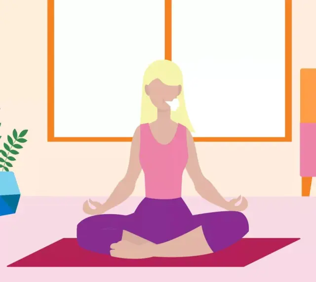 A woman meditates, breathing deeply to relax mind and body.