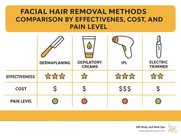 Comparing facial hair removal alternatives to laser: Dermaplaning, depilatory creams, IPL, and electric trimmers, rated by effectiveness, cost, and pain.