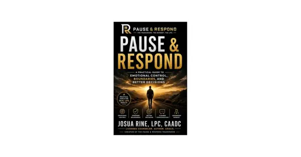 Book cover for "Pause & Respond," a guide to emotional control, featuring a silhouette of a person on a road leading to a sunset.
