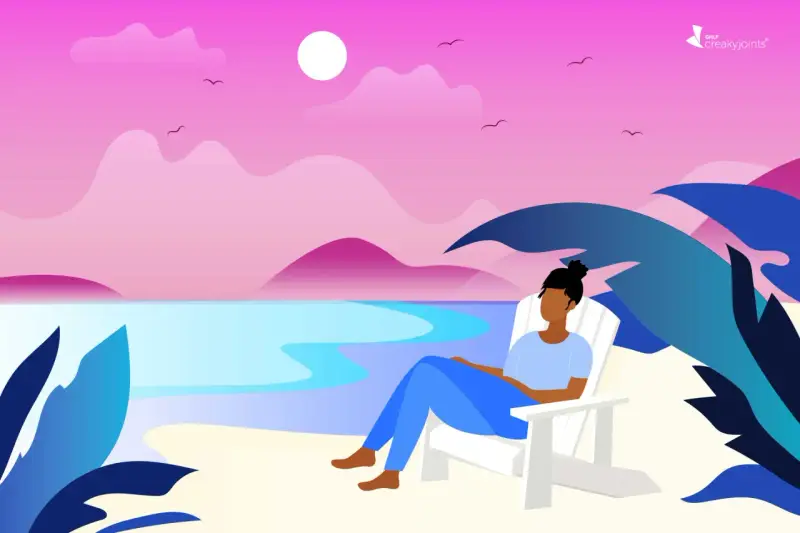 A person sits in a white Adirondack chair on a beach, enjoying the sunset. The scene is a perfect way to relax and recharge.