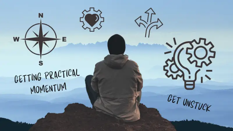 A person sits on a mountaintop, contemplating how to get unstuck. Icons represent direction, heart, choices, and ideas.